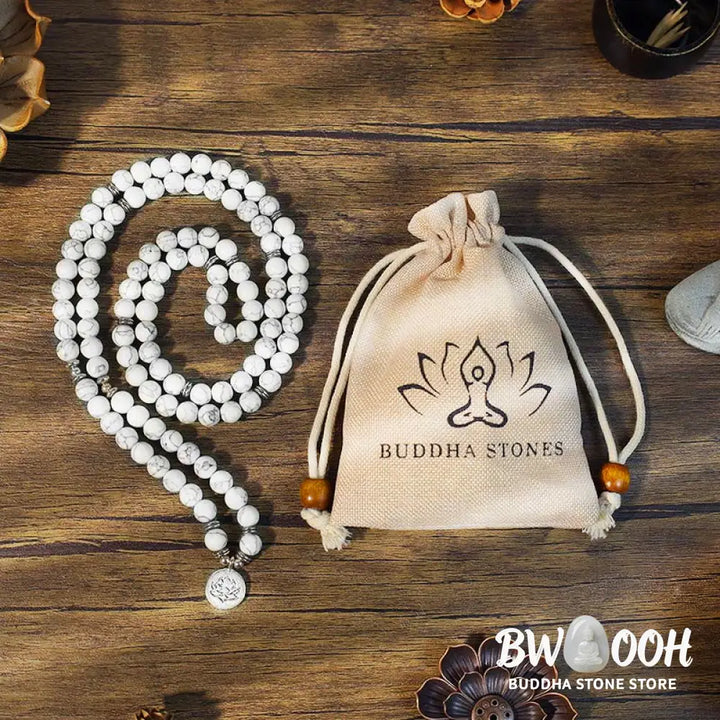 BWOOOH White Turquoise Lotus Mala Healing Bracelet: 108 polished 8mm White Turquoise beads, central lotus charm. Designed for meditation, spiritual balance, and attracting calm, positive energy. - View 5