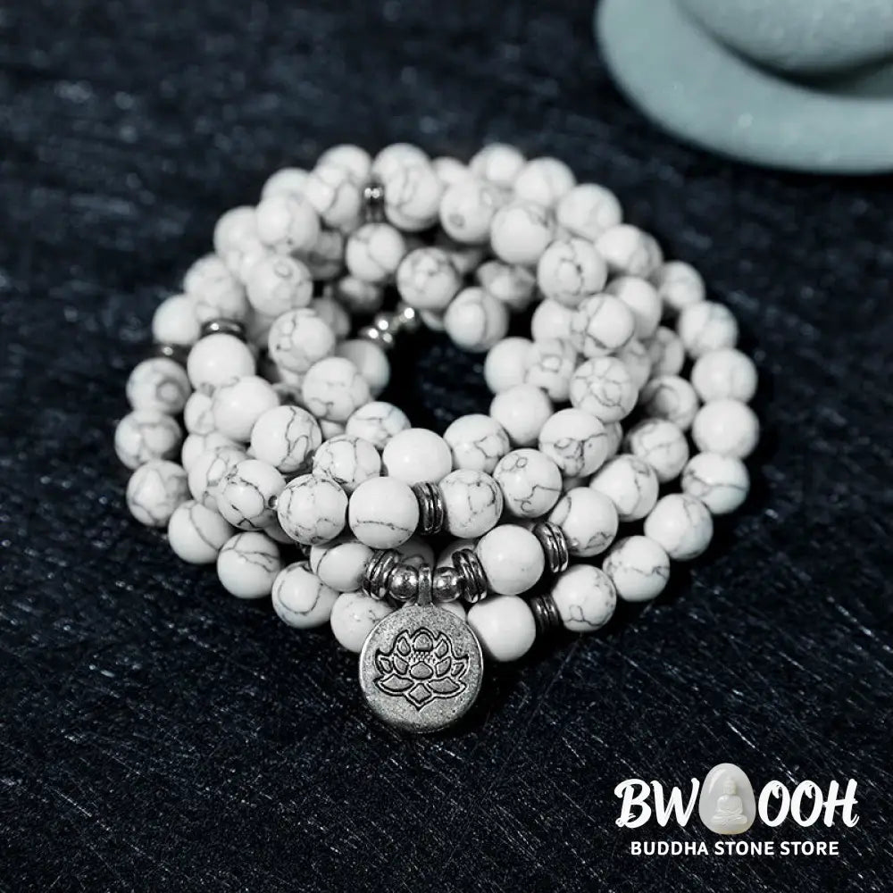 BWOOOH White Turquoise Lotus Mala Healing Bracelet: 108 polished 8mm White Turquoise beads, central lotus charm. Designed for meditation, spiritual balance, and attracting calm, positive energy. - View 2