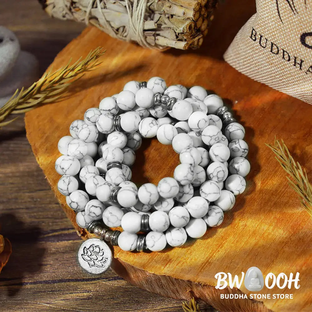 BWOOOH White Turquoise Lotus Mala Healing Bracelet: 108 polished 8mm White Turquoise beads, central lotus charm. Designed for meditation, spiritual balance, and attracting calm, positive energy. - View 3