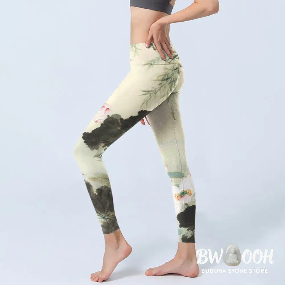 BWOOOH lotus print yoga leggings - Willow Leaves Lotus Pond Pattern Print G