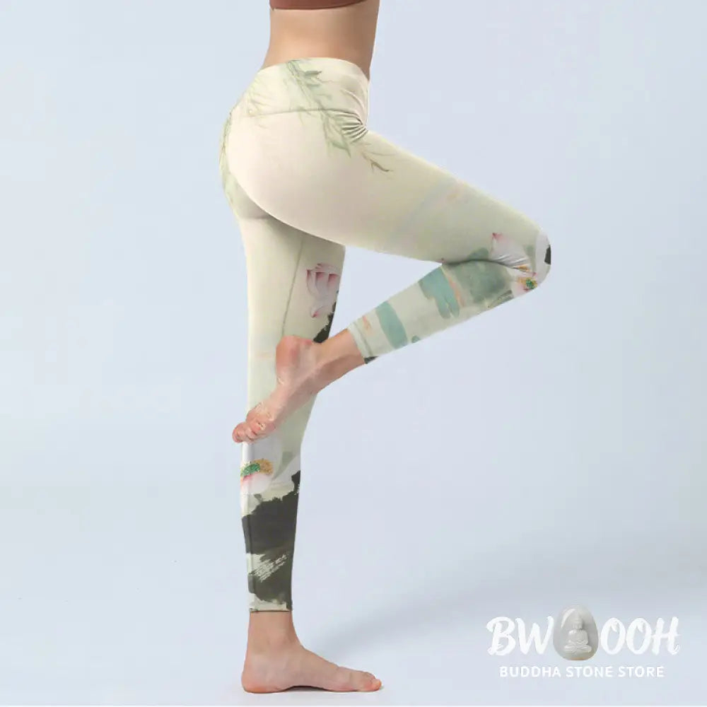 BWOOOH lotus print yoga leggings - Willow Leaves Lotus Pond Pattern Print G