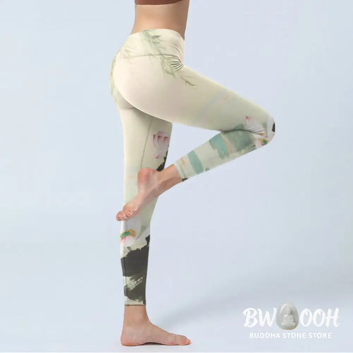 BWOOOH lotus print yoga leggings - Willow Leaves Lotus Pond Pattern Print G