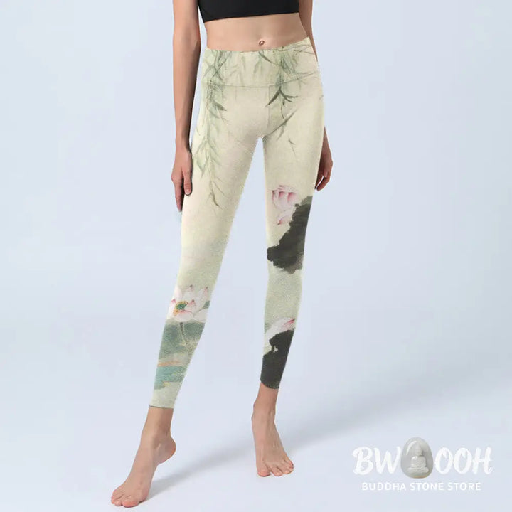BWOOOH lotus print yoga leggings - Willow Leaves Lotus Pond Pattern Print G