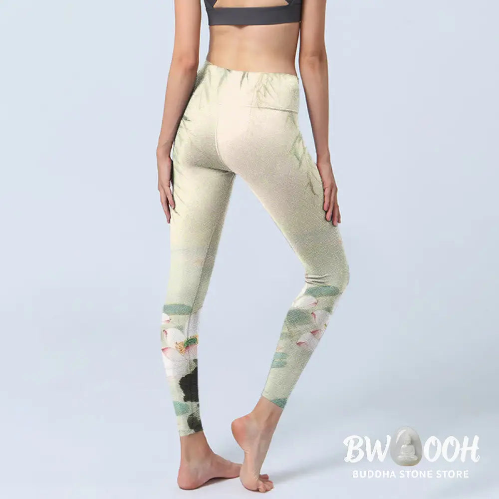BWOOOH lotus print yoga leggings - Willow Leaves Lotus Pond Pattern Print G