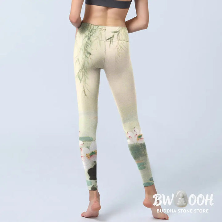 BWOOOH lotus print yoga leggings - Willow Leaves Lotus Pond Pattern Print G