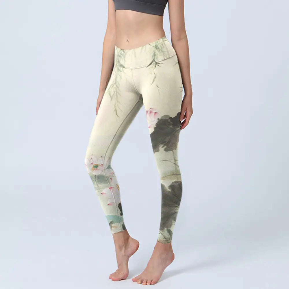 BWOOOH lotus print yoga leggings - Willow Leaves Lotus Pond Pattern Print G