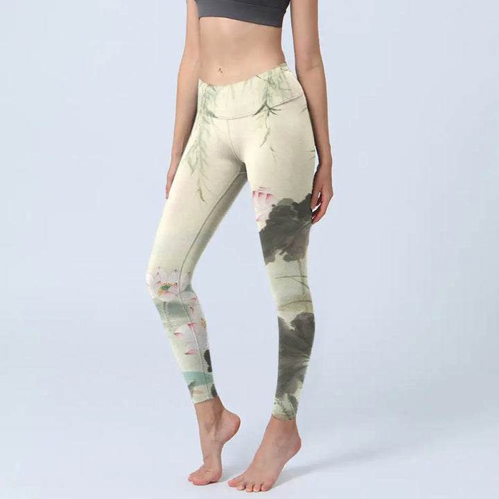 BWOOOH lotus print yoga leggings - Willow Leaves Lotus Pond Pattern Print G