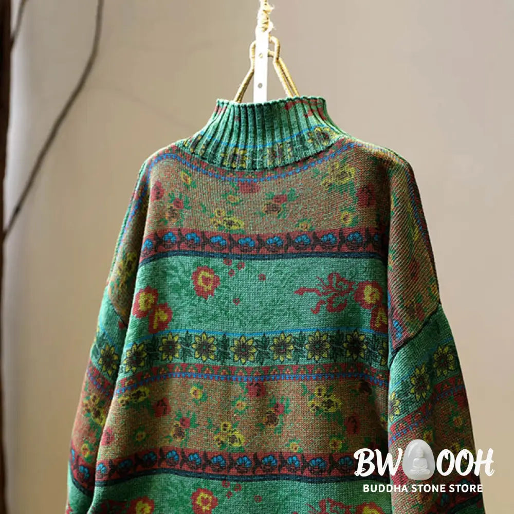 Buddha Stones Winter Color-block Flower Pattern Mock Neck Long Sleeve Women’s Cotton Sweater - Women’s Sweater