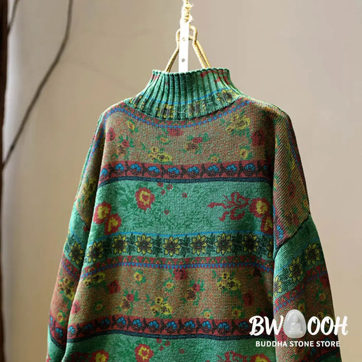 Buddha Stones Winter Color-block Flower Pattern Mock Neck Long Sleeve Women’s Cotton Sweater - Women’s Sweater