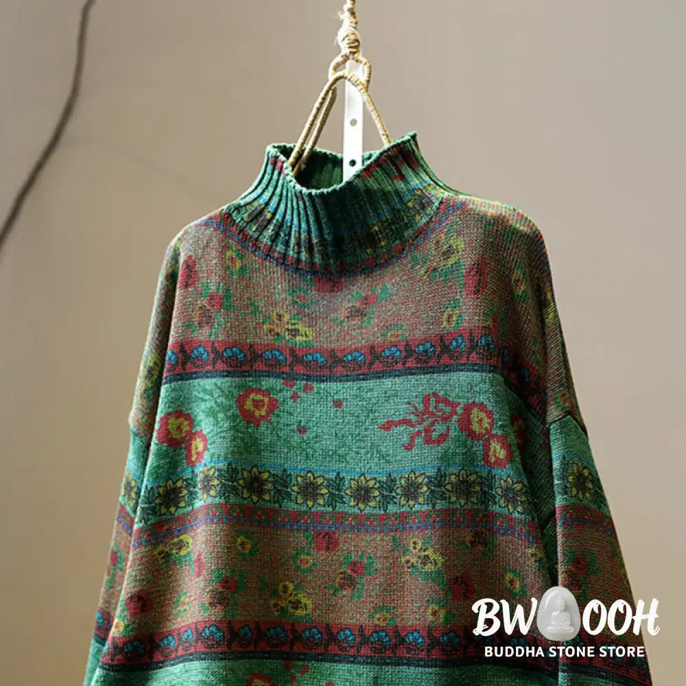 Buddha Stones Winter Color-block Flower Pattern Mock Neck Long Sleeve Women’s Cotton Sweater - Women’s Sweater
