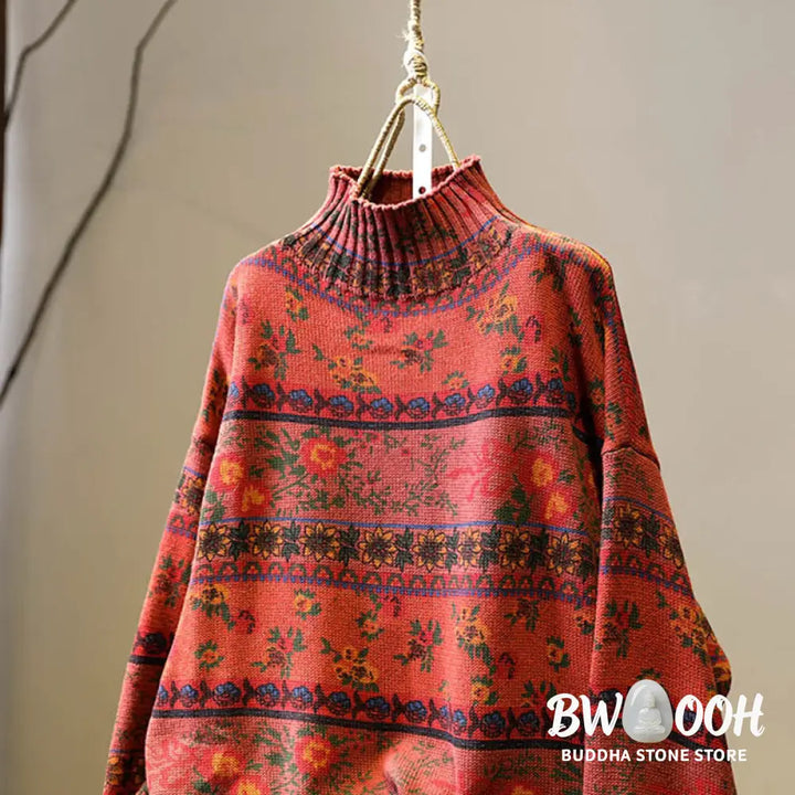 Buddha Stones Winter Color-block Flower Pattern Mock Neck Long Sleeve Women’s Cotton Sweater - Women’s Sweater