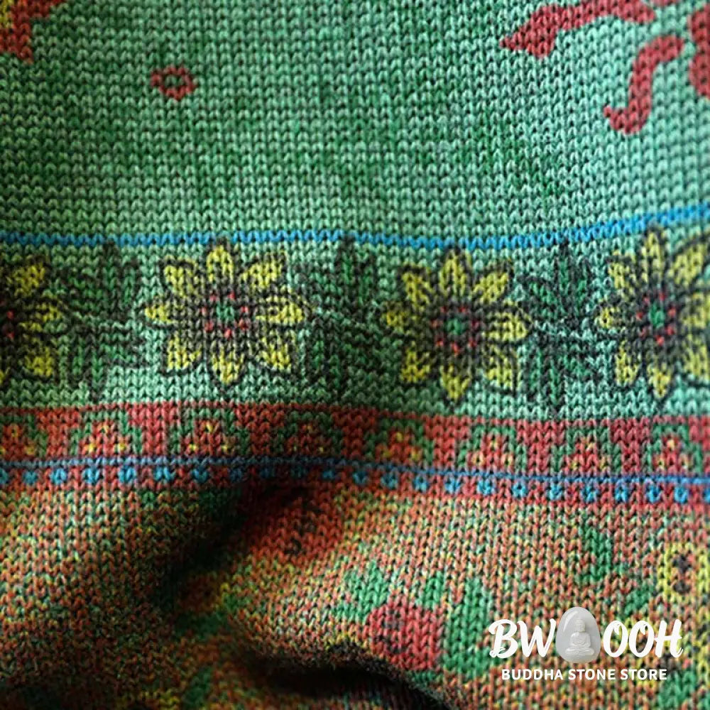 Buddha Stones Winter Color-block Flower Pattern Mock Neck Long Sleeve Women’s Cotton Sweater - Women’s Sweater