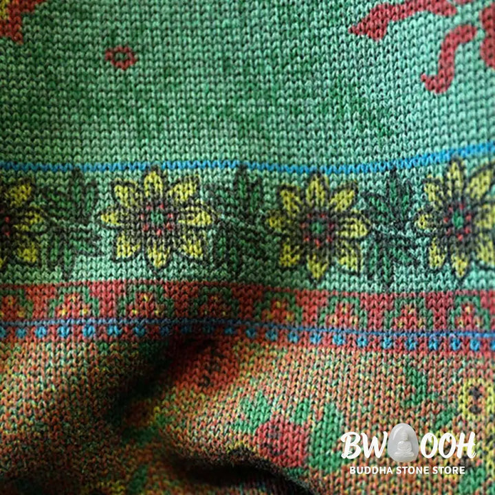 Buddha Stones Winter Color-block Flower Pattern Mock Neck Long Sleeve Women’s Cotton Sweater - Women’s Sweater