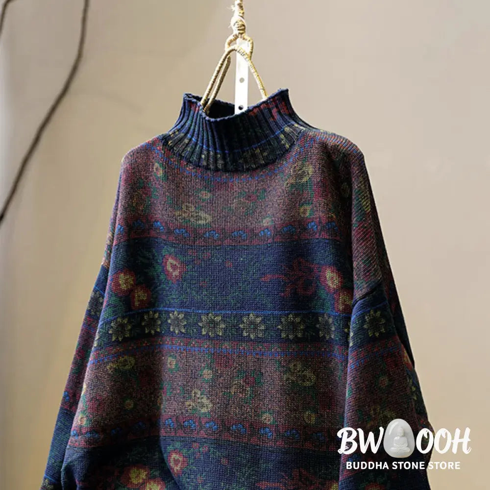 Buddha Stones Winter Color-block Flower Pattern Mock Neck Long Sleeve Women’s Cotton Sweater - Women’s Sweater