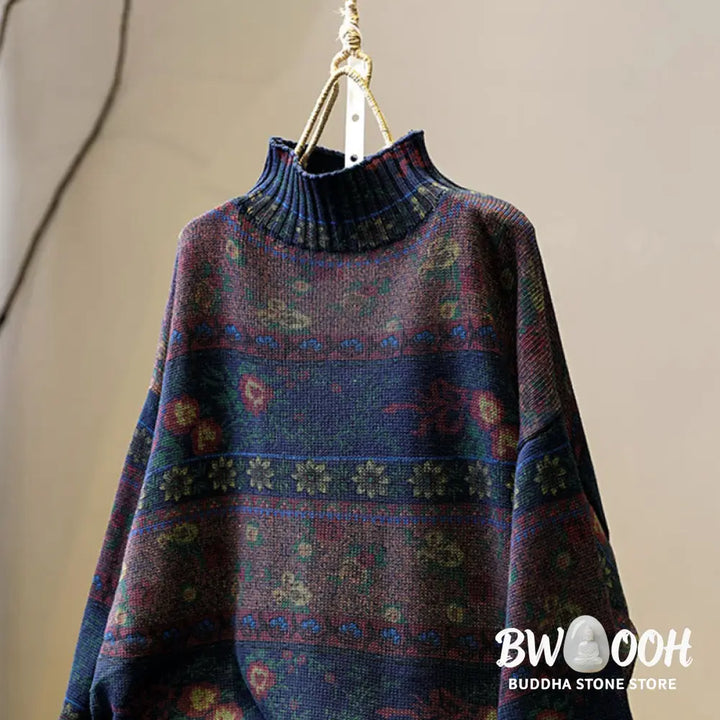 Buddha Stones Winter Color-block Flower Pattern Mock Neck Long Sleeve Women’s Cotton Sweater - Women’s Sweater