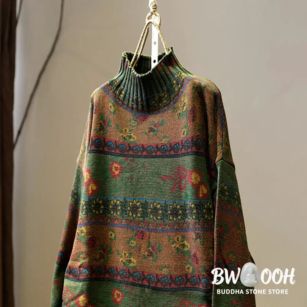 Buddha Stones Winter Color-block Flower Pattern Mock Neck Long Sleeve Women’s Cotton Sweater - Women’s Sweater