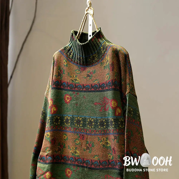 Buddha Stones Winter Color-block Flower Pattern Mock Neck Long Sleeve Women’s Cotton Sweater - Women’s Sweater