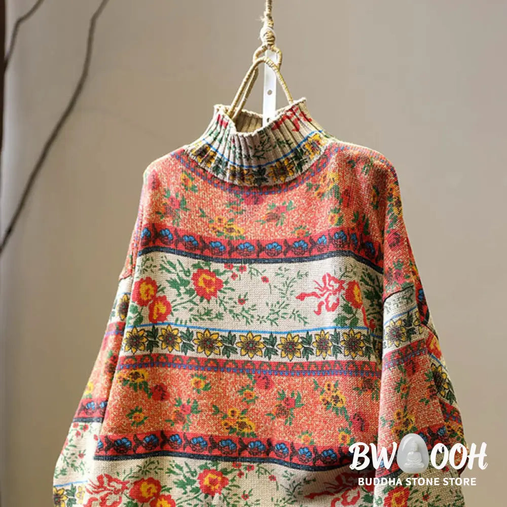 Buddha Stones Winter Color-block Flower Pattern Mock Neck Long Sleeve Women’s Cotton Sweater - Women’s Sweater