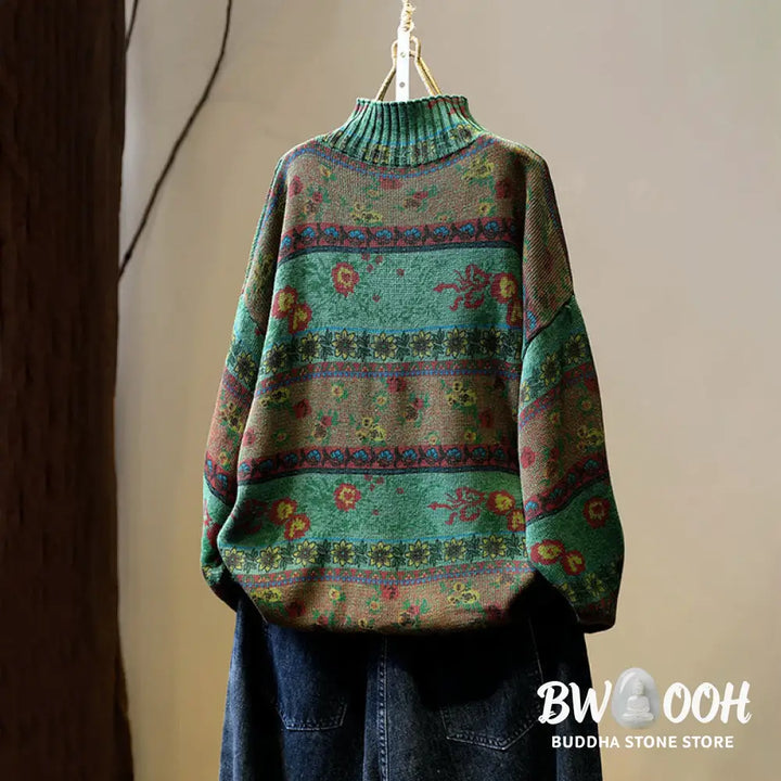 Buddha Stones Winter Color-block Flower Pattern Mock Neck Long Sleeve Women’s Cotton Sweater - Women’s Sweater