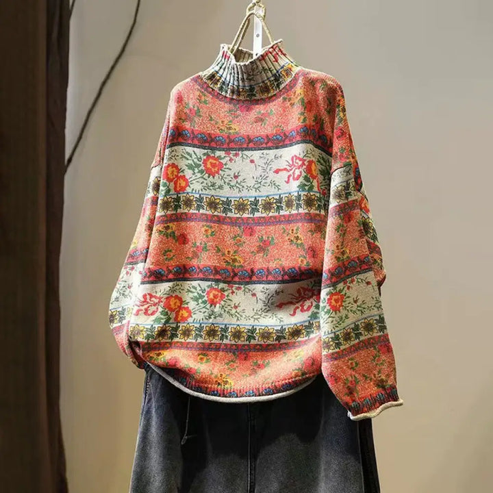 BWOOOH Winter Color-block Flower Pattern Mock Neck Long S