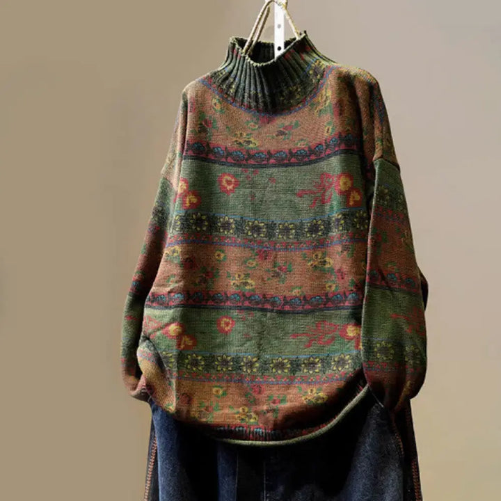 Buddha Stones Winter Color-block Flower Pattern Mock Neck Long Sleeve Women’s Cotton Sweater - DarkOliveGreen