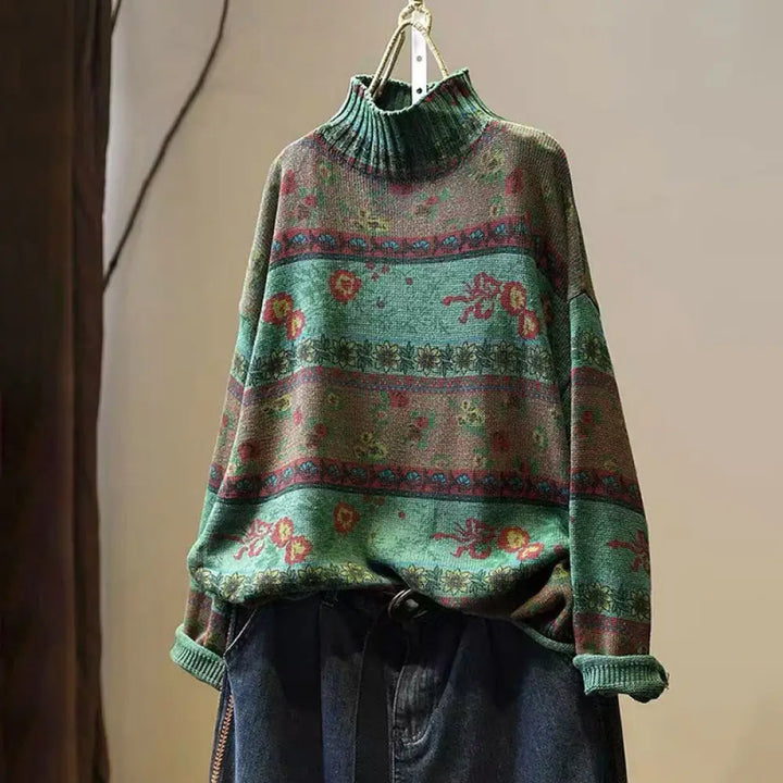 Buddha Stones Winter Color-block Flower Pattern Mock Neck Long Sleeve Women’s Cotton Sweater - MediumSeaGreen