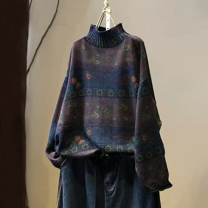 Buddha Stones Winter Color-block Flower Pattern Mock Neck Long Sleeve Women’s Cotton Sweater - MidnightBlue