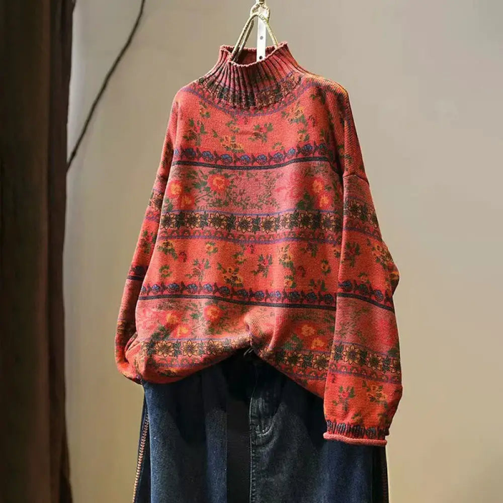 Buddha Stones Winter Color-block Flower Pattern Mock Neck Long Sleeve Women’s Cotton Sweater - OrangeRed
