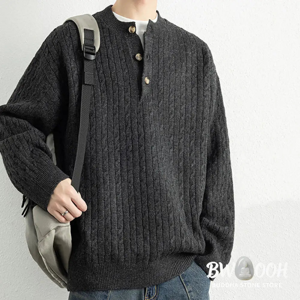 Buddha Stones Winter Crew Neck Three Buttons Twisted Design Warm Men’s Long Sleeve Knitted Sweater - Men’s Sweater