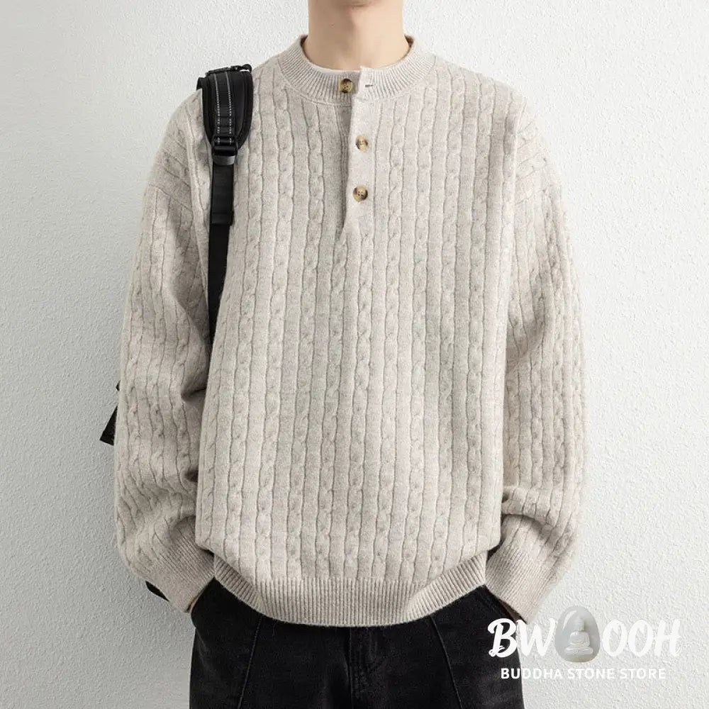 Buddha Stones Winter Crew Neck Three Buttons Twisted Design Warm Men’s Long Sleeve Knitted Sweater - Men’s Sweater