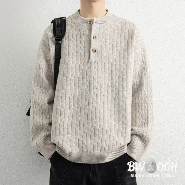Buddha Stones Winter Crew Neck Three Buttons Twisted Design Warm Men’s Long Sleeve Knitted Sweater - Men’s Sweater