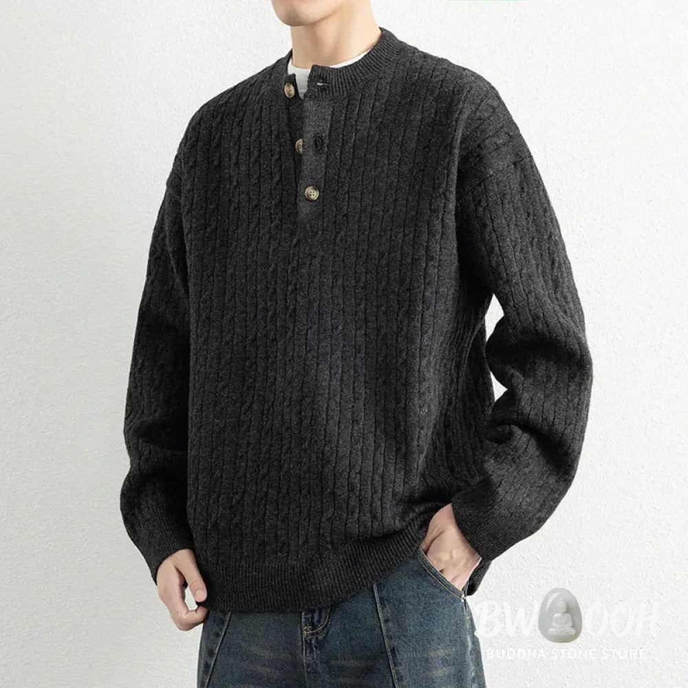 Buddha Stones Winter Crew Neck Three Buttons Twisted Design Warm Men’s Long Sleeve Knitted Sweater - Men’s Sweater