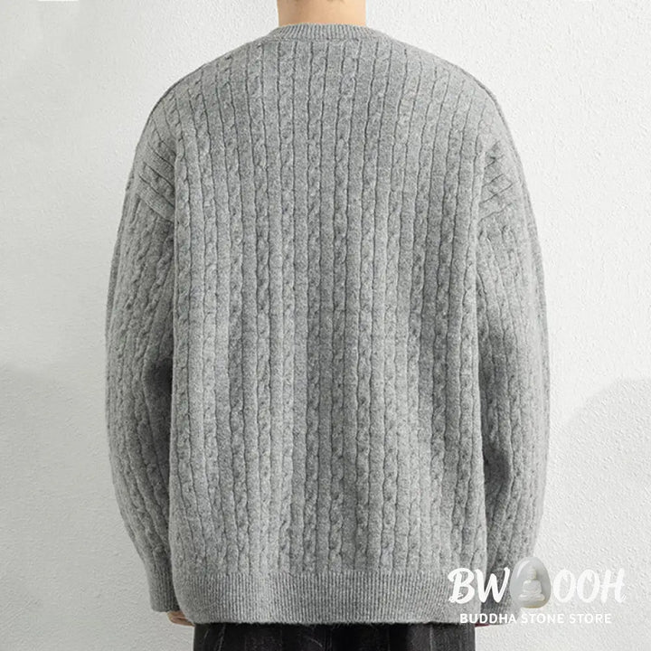 Buddha Stones Winter Crew Neck Three Buttons Twisted Design Warm Men’s Long Sleeve Knitted Sweater - Men’s Sweater