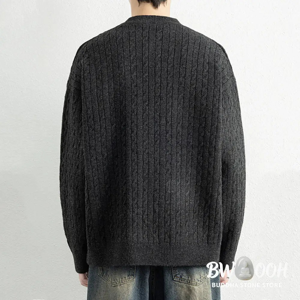 Buddha Stones Winter Crew Neck Three Buttons Twisted Design Warm Men’s Long Sleeve Knitted Sweater - Men’s Sweater