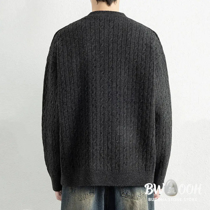 Buddha Stones Winter Crew Neck Three Buttons Twisted Design Warm Men’s Long Sleeve Knitted Sweater - Men’s Sweater