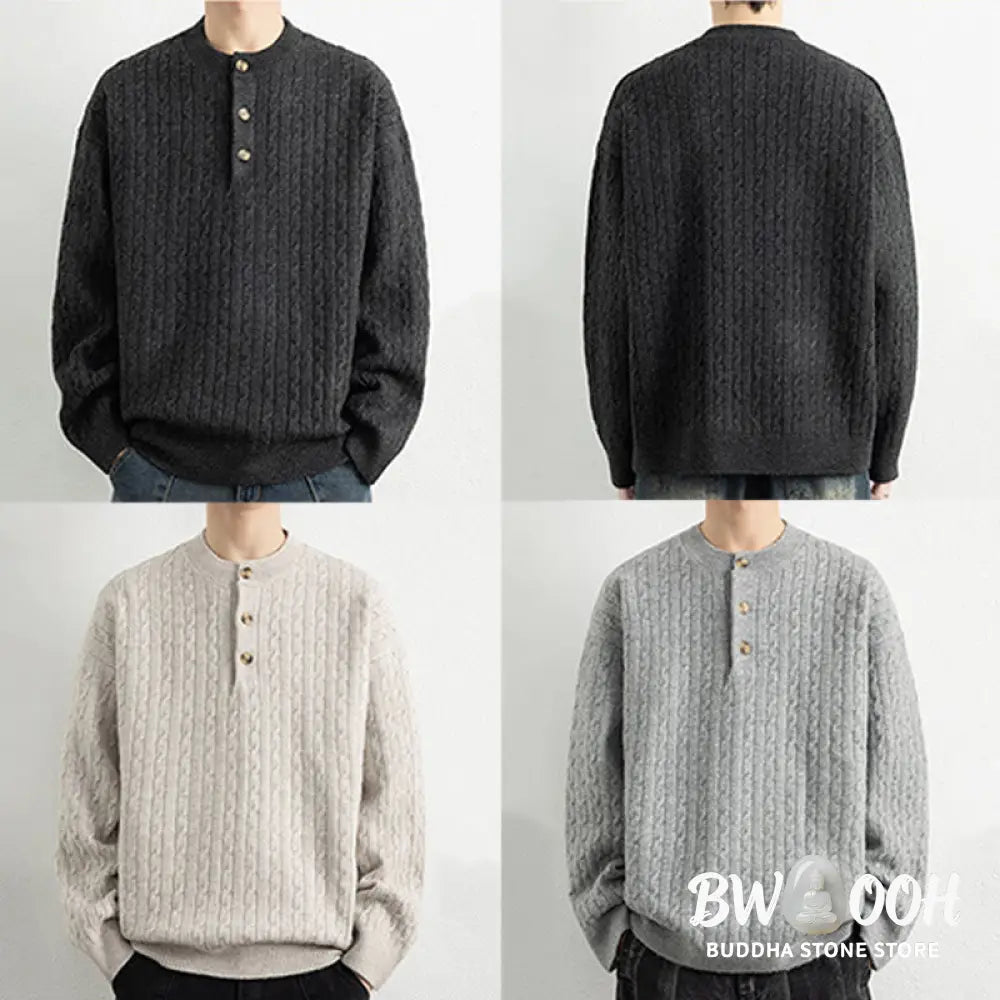 Buddha Stones Winter Crew Neck Three Buttons Twisted Design Warm Men’s Long Sleeve Knitted Sweater - Men’s Sweater