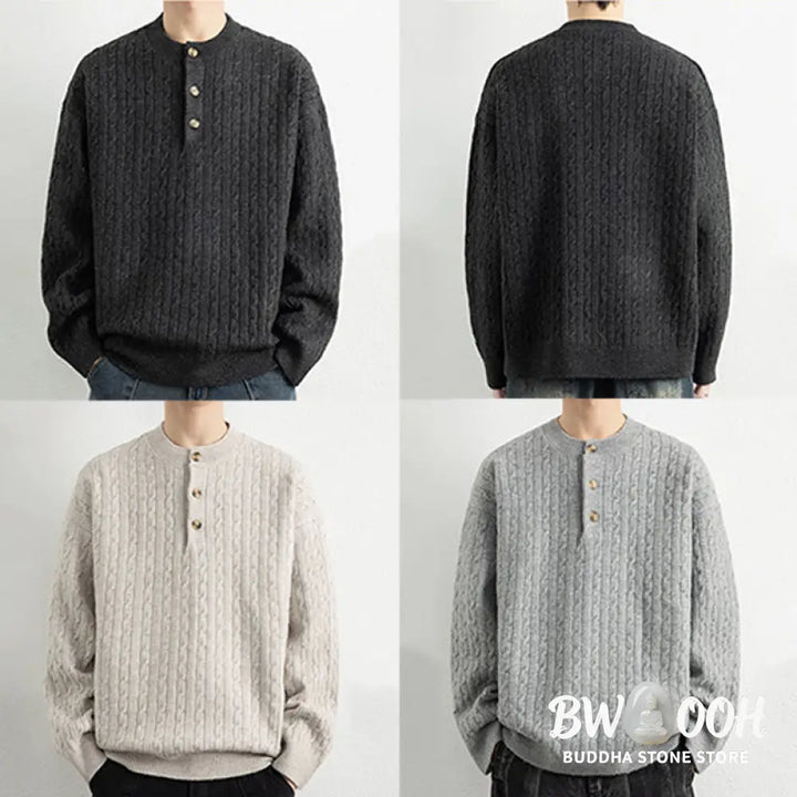 Buddha Stones Winter Crew Neck Three Buttons Twisted Design Warm Men’s Long Sleeve Knitted Sweater - Men’s Sweater