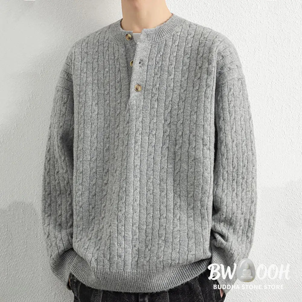 Buddha Stones Winter Crew Neck Three Buttons Twisted Design Warm Men’s Long Sleeve Knitted Sweater - Men’s Sweater
