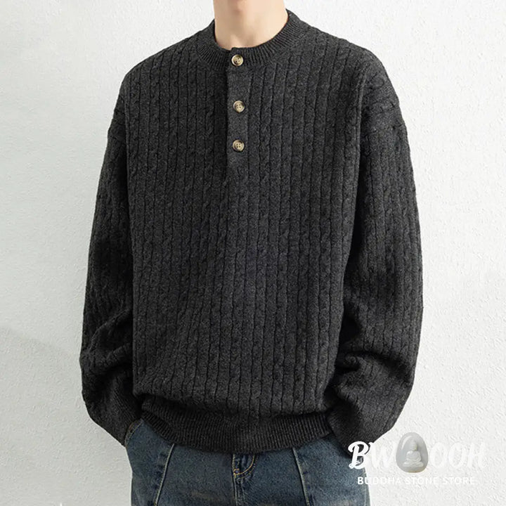 Buddha Stones Winter Crew Neck Three Buttons Twisted Design Warm Men’s Long Sleeve Knitted Sweater - Men’s Sweater