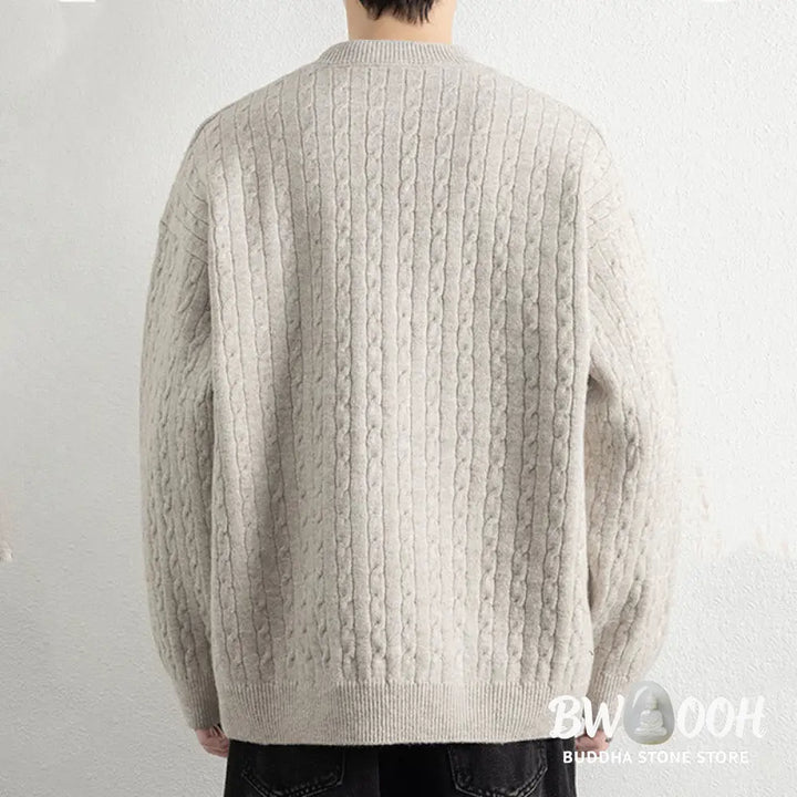 Buddha Stones Winter Crew Neck Three Buttons Twisted Design Warm Men’s Long Sleeve Knitted Sweater - Men’s Sweater