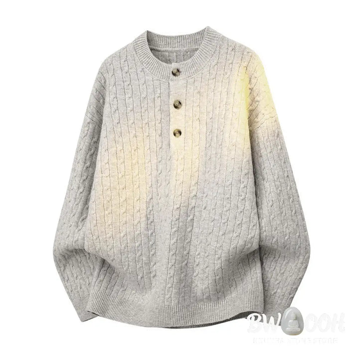 Buddha Stones Winter Crew Neck Three Buttons Twisted Design Warm Men’s Long Sleeve Knitted Sweater - Men’s Sweater