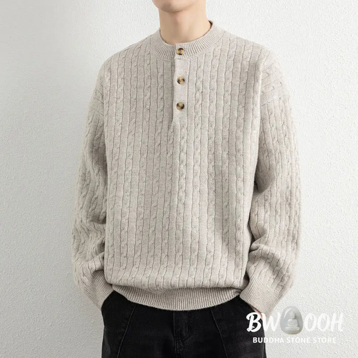 Buddha Stones Winter Crew Neck Three Buttons Twisted Design Warm Men’s Long Sleeve Knitted Sweater - Men’s Sweater