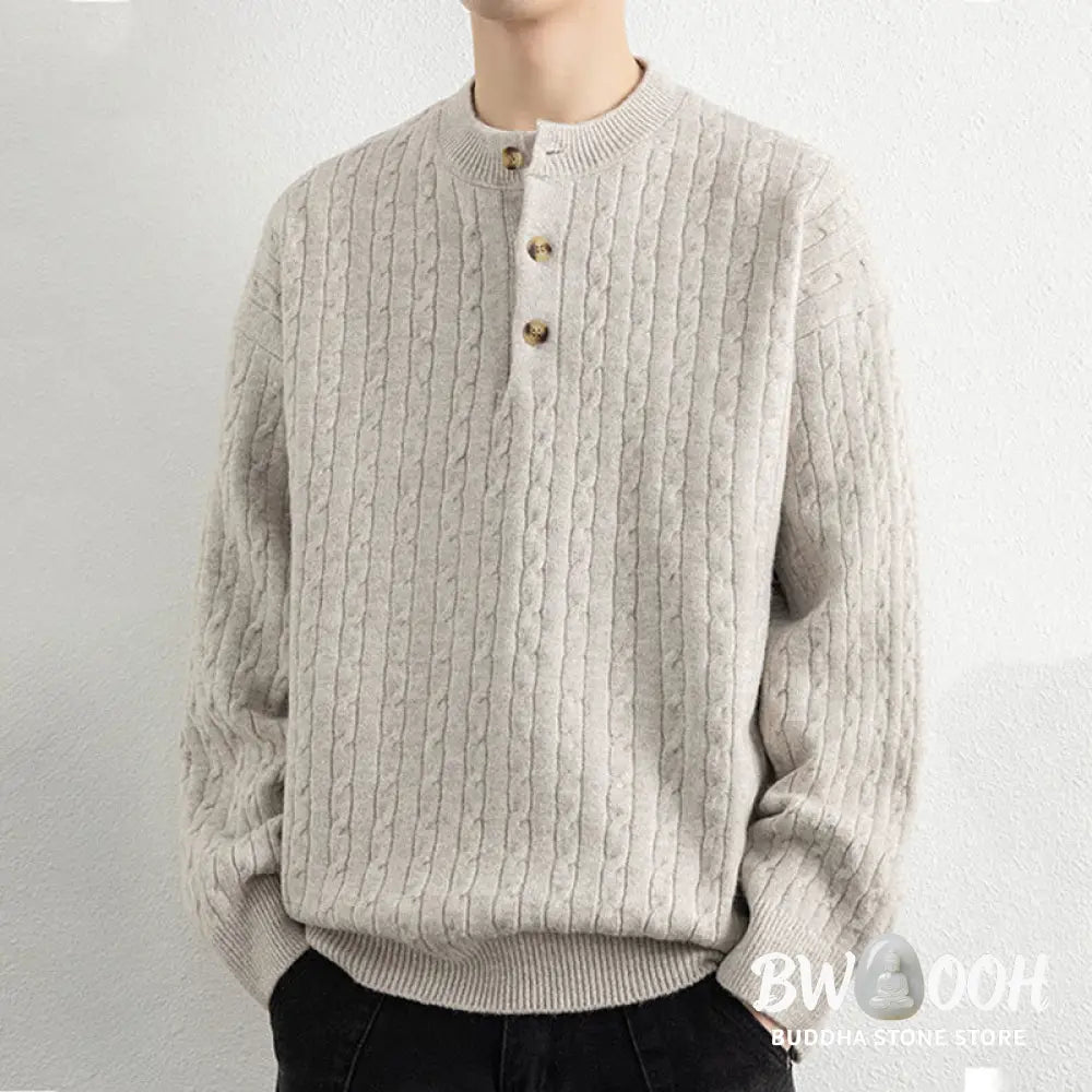 Buddha Stones Winter Crew Neck Three Buttons Twisted Design Warm Men’s Long Sleeve Knitted Sweater - Men’s Sweater
