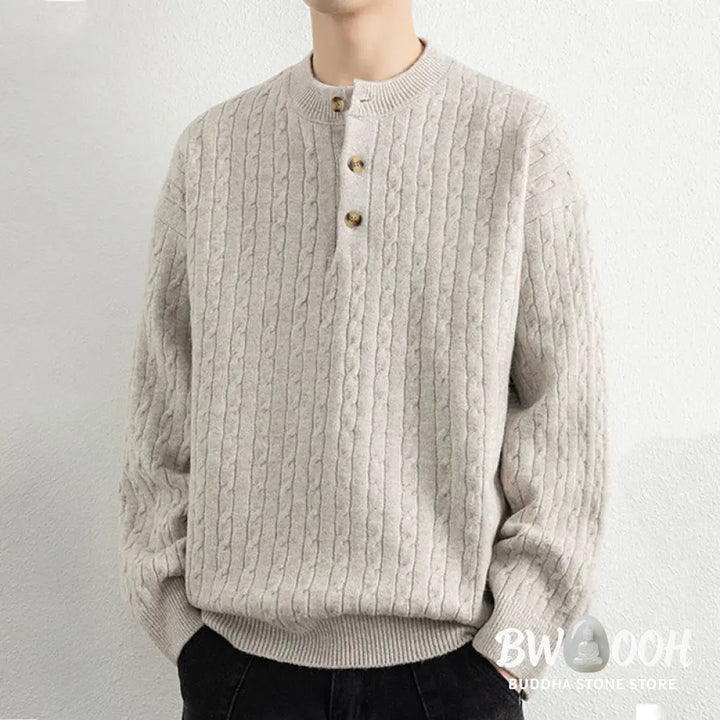 Buddha Stones Winter Crew Neck Three Buttons Twisted Design Warm Men’s Long Sleeve Knitted Sweater - Men’s Sweater