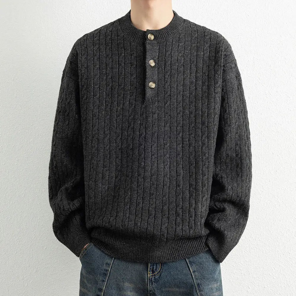 Buddha Stones Winter Crew Neck Three Buttons Twisted Design Warm Men’s Long Sleeve Knitted Sweater - Black