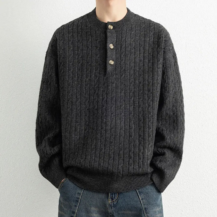 Buddha Stones Winter Crew Neck Three Buttons Twisted Design Warm Men’s Long Sleeve Knitted Sweater - Black