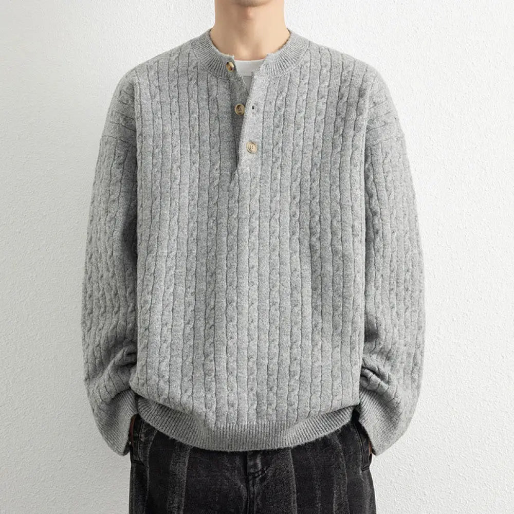 Buddha Stones Winter Crew Neck Three Buttons Twisted Design Warm Men’s Long Sleeve Knitted Sweater - LightGrey