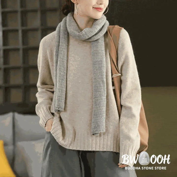 Buddha Stones Winter Crew Neck Warm Long Sleeve Women’s Cotton Knitted Sweater - Women’s Sweater