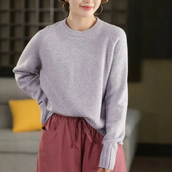 Buddha Stones Winter Crew Neck Warm Long Sleeve Women’s Cotton Knitted Sweater - Lavender / US4，UK/AU8，EU36 (F)
