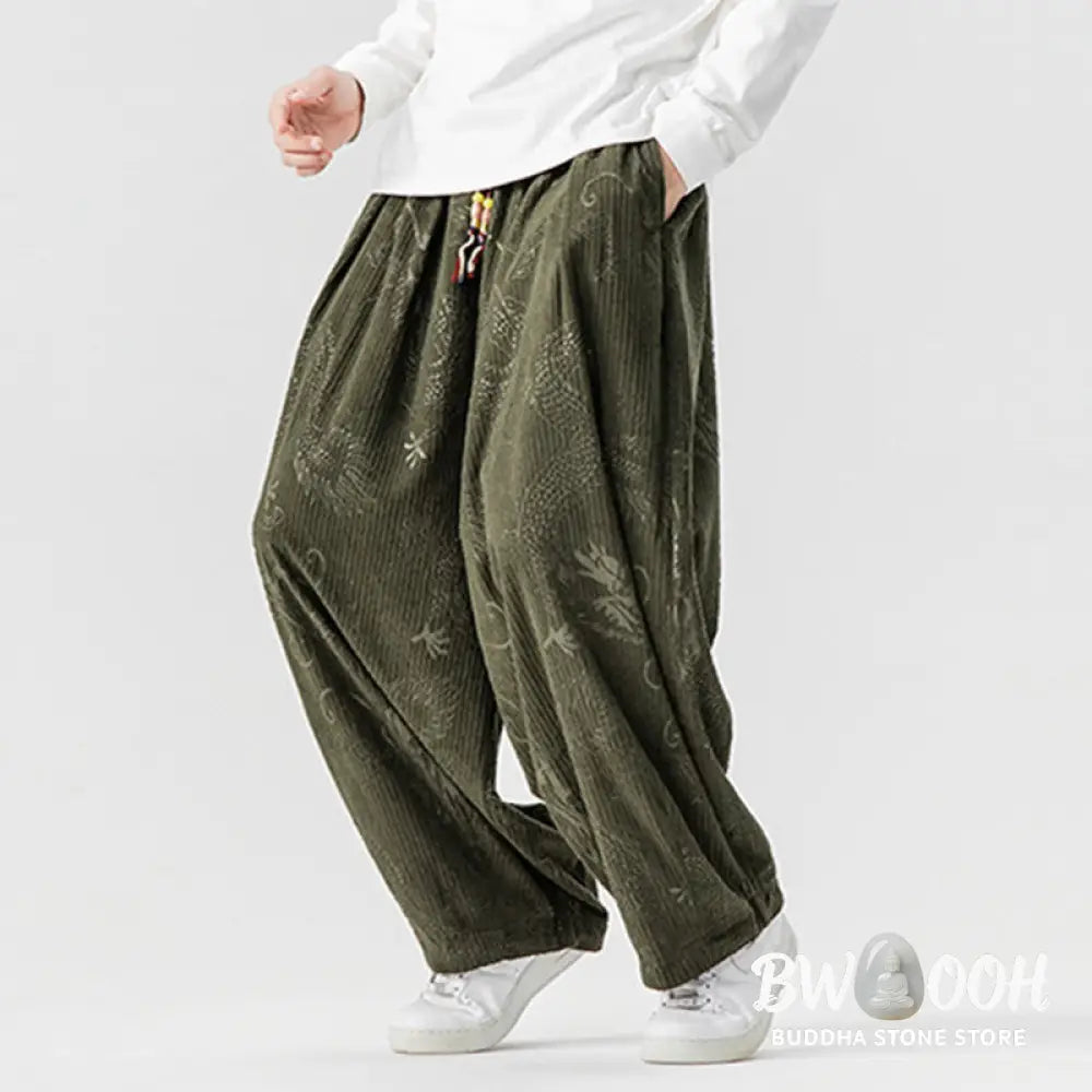 Buddha Stones Winter Dragon Phoenix Pattern Cotton Corduroy Men’s Harem Pants With Pockets - Men’s Harem Pants